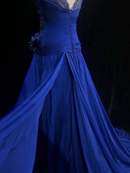 Robes de bal élégantes coupe trapèze col rond bleu roi mousseline dentelle perlée longue robe de soirée N2916