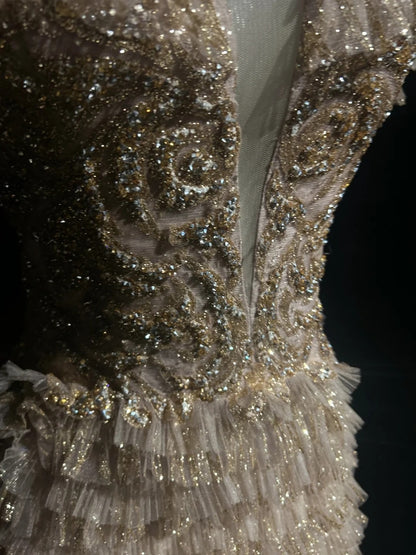 Robes de bal vintage Ligne A Bretelles fines Dentelle dorée Avec manches Robe de soirée formelle années 80 RB3268