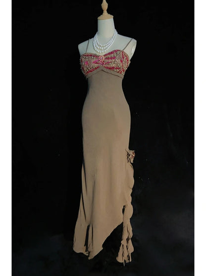 Robes de bal vintage des années 90, sirène, bretelles spaghetti, mousseline, longues, pour soirées semi-formelles N3655