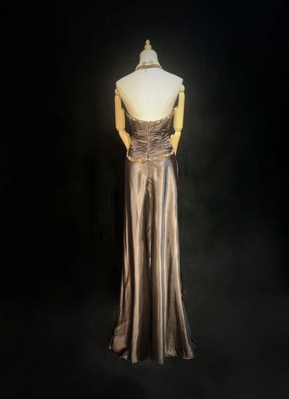 Robes de bal vintage Trapèze Col Américain Marron Sans Manches Satin avec Cape Perles Années 1980 Longue Robe de Soirée N2864
