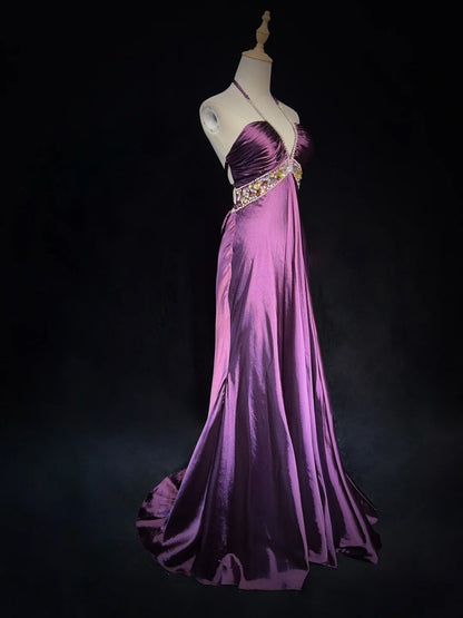 Vintage-Abschlussballkleider 90er Meerjungfrau Neckholder Traube rückenfrei mit Perlenbesatz langes, halboffizielles Abendkleid N3667