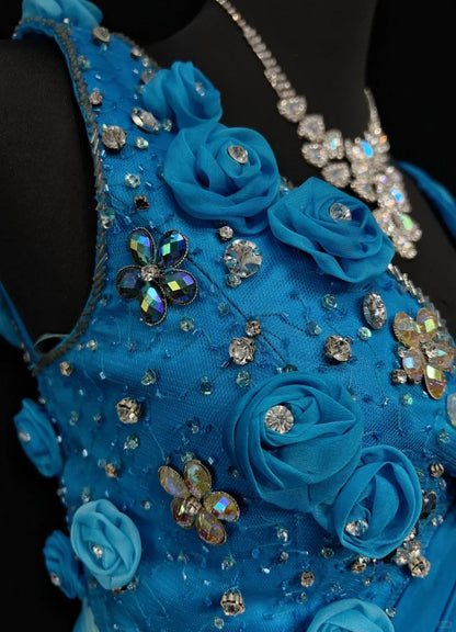 Inspiration Robes de bal Vintage Sirène Col V Bleu Royal Mousseline de Soie avec Fleurs Perles Années 80 Robe de Soirée Longue N2743