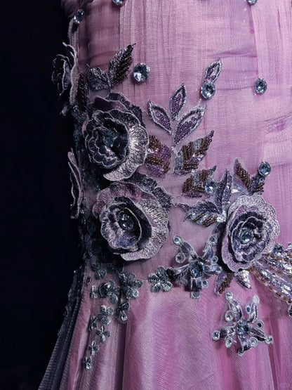 Robes de bal modestes sirène licou tulle lilas avec perles dentelle longue robe de soirée formelle N3882