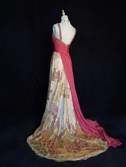 Vintage Prom Dresses A-Linie Neckholder Hot Pink Chiffon Mit Goldener Spitze Lange Formelle Abendgarderobe N3856