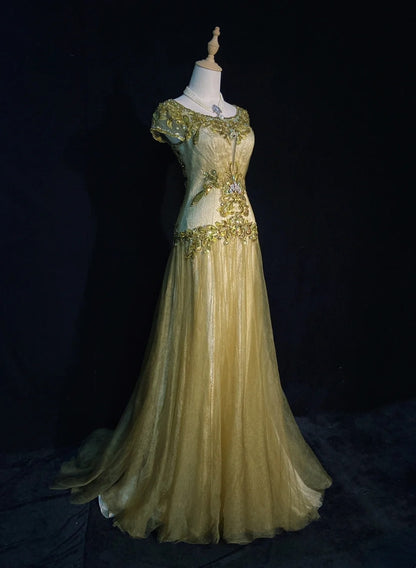 Vintage Abschlussballkleider 90er Meerjungfrau Schmuckausschnitt Goldtüll Mit Perlen Lang Halbformelles Abendkleid N3674