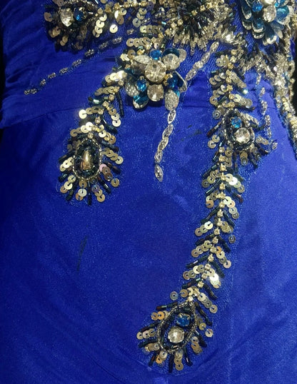 Vintage Abschlussballkleider Inspo Meerjungfrau, One Shoulder, Königsblau mit langen Ärmeln, Perlen, 80er Jahre, langes Abendkleid N2740