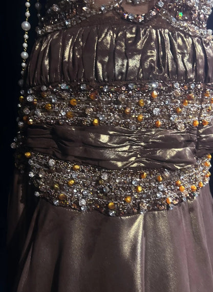 Robes Esthétiques de Bal Vintage Sirène Col en V Satin Marron avec Perles Gemme Longue Robe de Soirée Formelle N3021