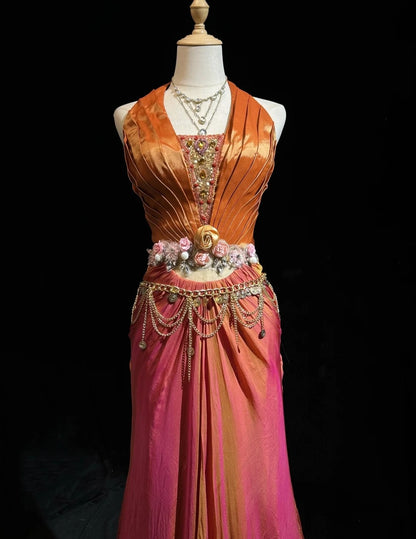 Robes de bal charmantes sirène rose licou en satin orange avec volants longues tenues de soirée N3430