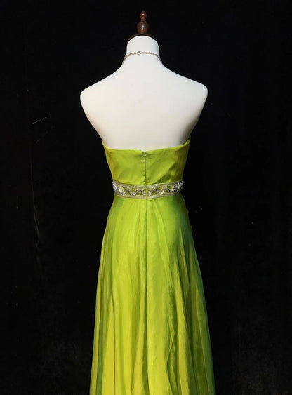 Vintage 90er Abschlussballkleider A-Linie Trägerlos Grün Chiffon Mit Plissiertem Umhang Formelle Abendkleidung N3852