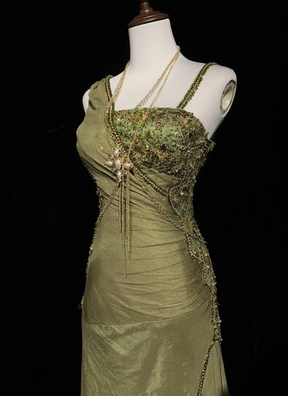Robes de bal vintage sirène en mousseline vert olive avec perles Tenues de soirée formelles N3854