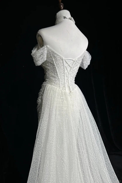 Robes de mariée uniques sirène, épaules dénudées, paillettes avec volants, longue robe de mariée blanche N3619