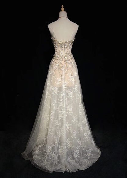Robes de bal vintage des années 90, ligne A, bretelles spaghetti, tulle champagne, longues tenues de soirée semi-formelles N3651
