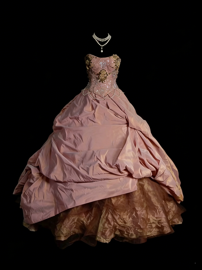 Charming Ball Gown Strapless Pink Sweet 16 Dresses Quinceanera Dress Taffeta With 3D Flowers Long 15 Vestidos De Fiesta N1251