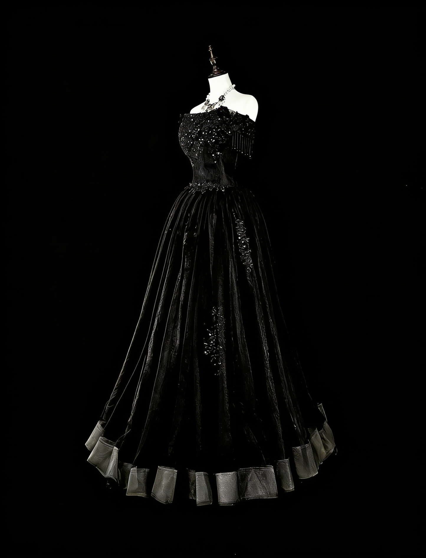Vintage Prom Dresses Ästhetik 1970er Retro Ballkleid Trägerloses Schwarzes Tüll Langes Abendkleid N2152