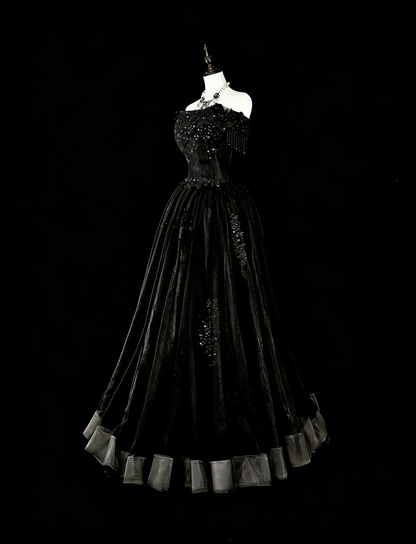 Vintage Prom Dresses Ästhetik 1970er Retro Ballkleid Trägerloses Schwarzes Tüll Langes Abendkleid N2152