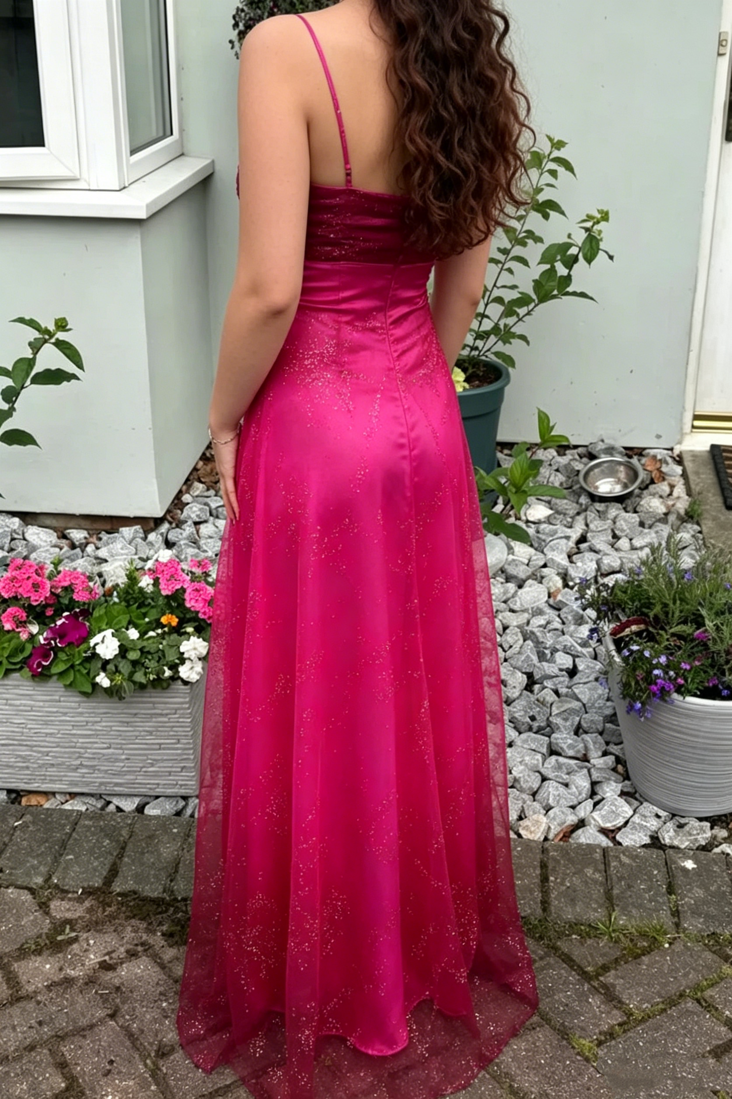 Robes de bal longues rose vif sans manches à fines bretelles et ligne A vintage pour femmes N4189