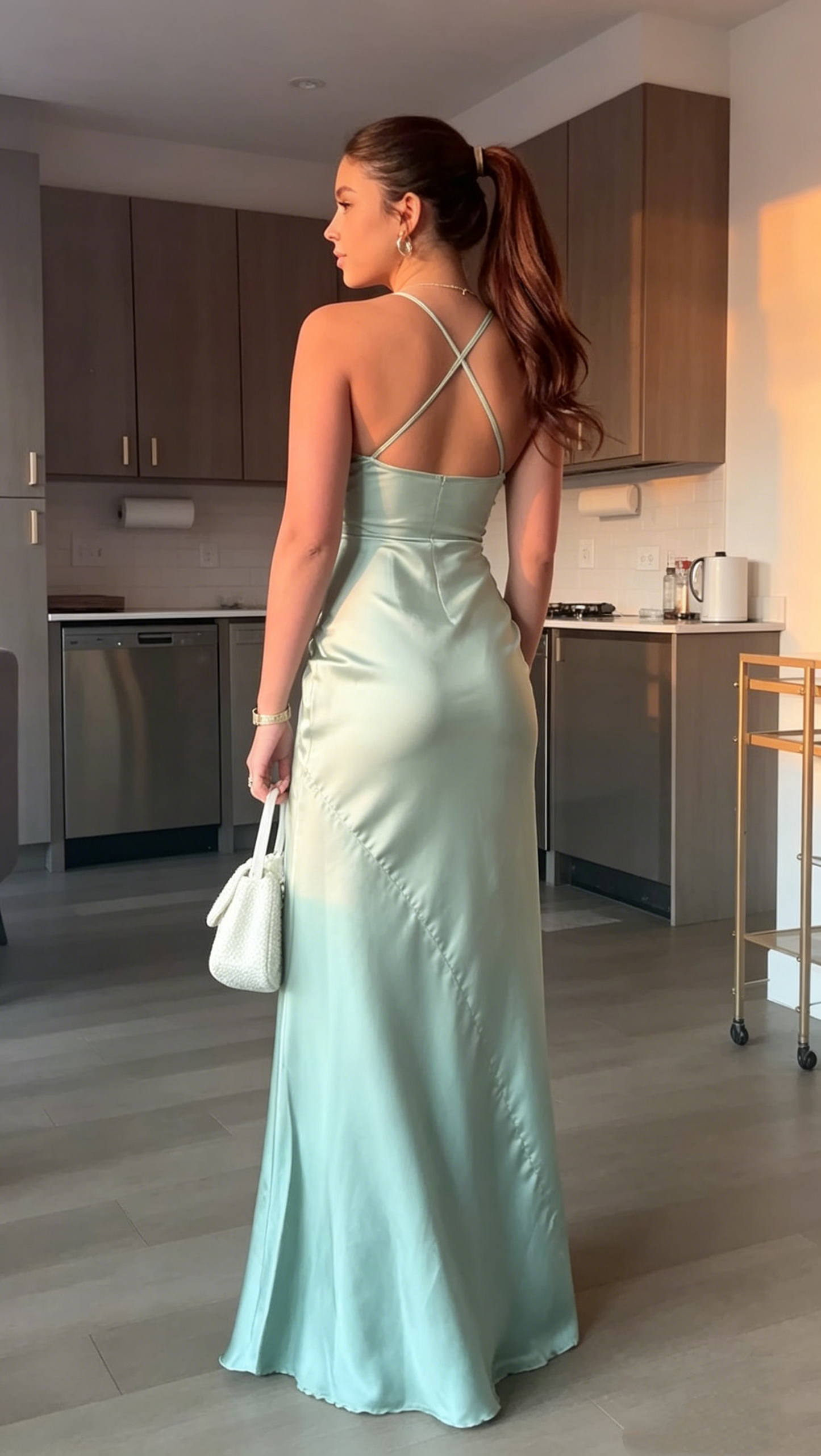 Robe longue sirène dos nu en satin vert menthe, inspiration été-printemps, idéale pour les invités de mariage et les anniversaires (N1567)