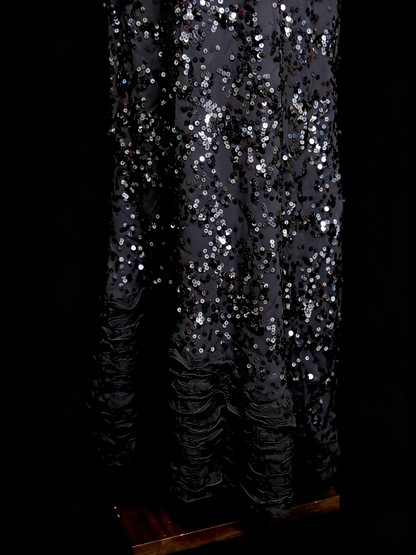 Robe de soirée sirène vintage à fines bretelles, style années 80, 70, 90, sequins gris argenté, longue, idéale pour les bals de fin d'année ou les remises de diplômes (N1145)