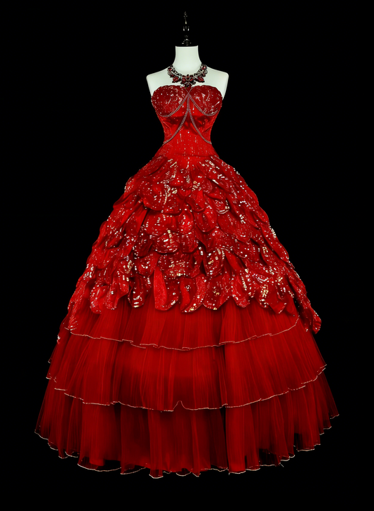 Cute Ball Gown Strapless Burgundy With Tiered Layers Ruffles Long Party Gowns Prom Dresses N2147