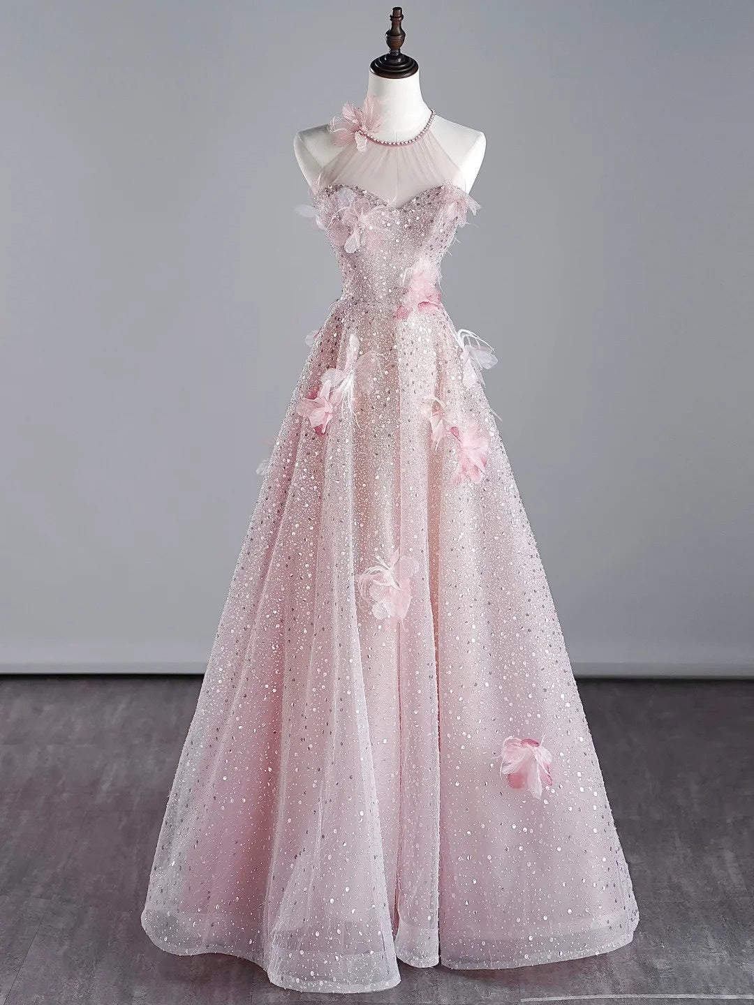 Elegantes, rosa Paillettenkleid in A-Linie mit Rundhalsausschnitt – Inspiration für festliche Anlässe und Prinzessinnen-Abendkleider N758
