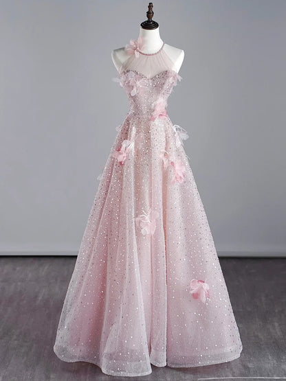 Elegantes, rosa Paillettenkleid in A-Linie mit Rundhalsausschnitt – Inspiration für festliche Anlässe und Prinzessinnen-Abendkleider N758