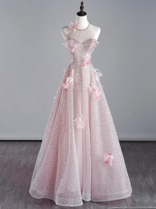Robe de bal rose à sequins, coupe trapèze, col rond, inspiration princesse, modèle N758