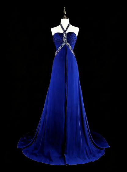 Vintage A-Linien-Abendkleid aus königsblauem Chiffon im Stil der 90er Jahre, formelles Geburtstagskleid, langes Ballkleid N1751