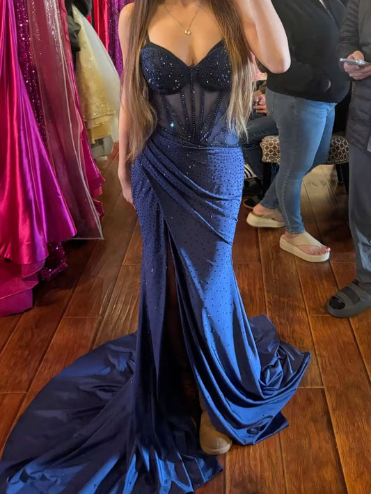 Mermaid Spaghetti Straps Navy Blue Satin Beadings Sparkly Party Long Prom Dresses AB1608