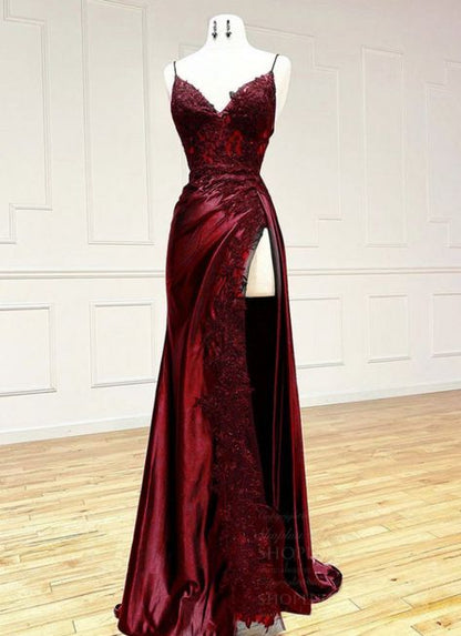 Robe de bal longue en satin et dentelle rouge bordeaux à bretelles et col en V AB1612