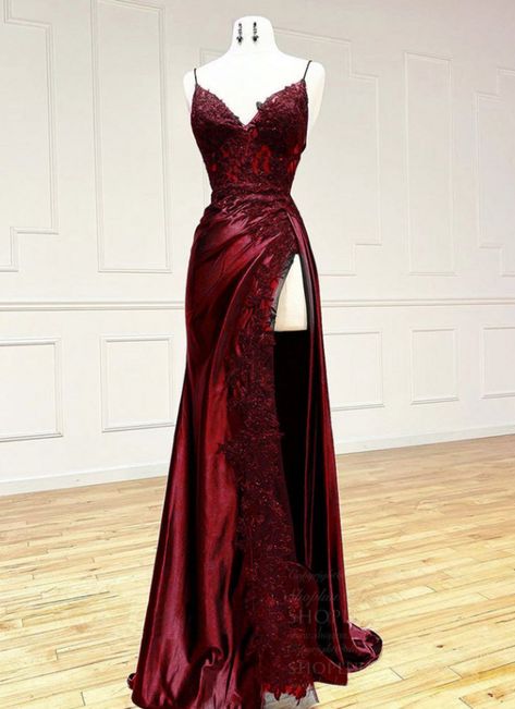 Straps Wine Red V Neck Satin Lace Long Prom Dresses AB1612