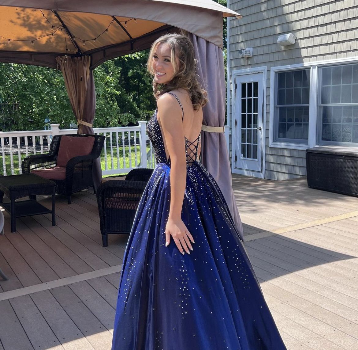 Robe de bal longue de soirée, dos nu, bretelles spaghetti, satin bleu marine, perles, coupe trapèze, AB1610