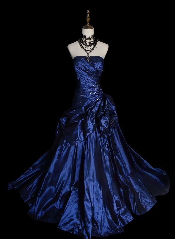Robe de bal vintage bustier bleu marine en satin, longue, pour bal de fin d'année, tenue de soirée N035