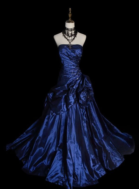Vintage Ball Gown Strapless Navy Blue Satin Long Prom Dresses Senior Graduation Dance Evening Outfits N035
