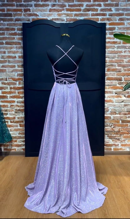 Robe de bal longue lilas à paillettes, coupe trapèze, bretelles spaghetti, N039