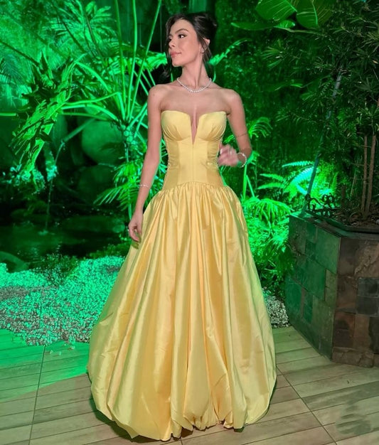 Classy Ball Gown Satin Strapless Yellow Satin Prom Dresses Long for Women Formal Evening Gowns AB188