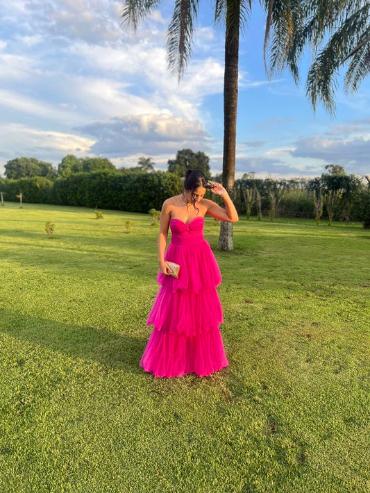 Elegantes, ärmelloses, langes A-Linien-Abendkleid aus Tüll in Pink mit Herzausschnitt, Modell AB224