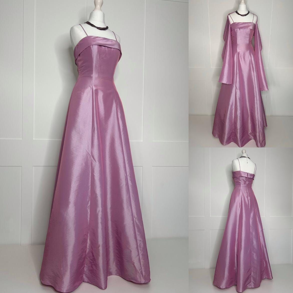 Robe de soirée longue trapèze lilas vintage des années 2000 à fines bretelles et cape, pour bal de promo N2667