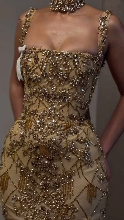 Luxury Sheath Square Neck Gold Short Formal Grade Homecoming Dresses Gold Cocktail Dress N4729
