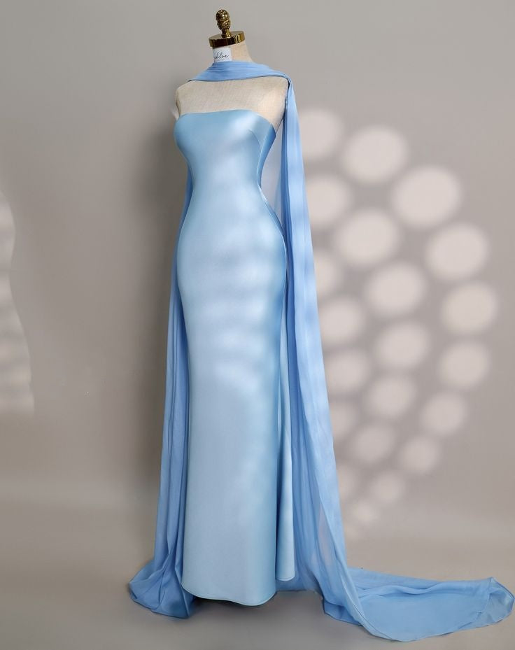 Simple Mermaid Strapless Satin Blue With Scarf Formal Gowns Evening Maxi Prom Dress Bodycon For Women Party Outfits AB1234