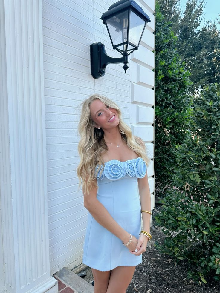 Cute A line Strapless With 3D Flowers Blue Short Homecoming Dress Senior High School University Ideas Inspo Short Hoco Court Gowns RB7283