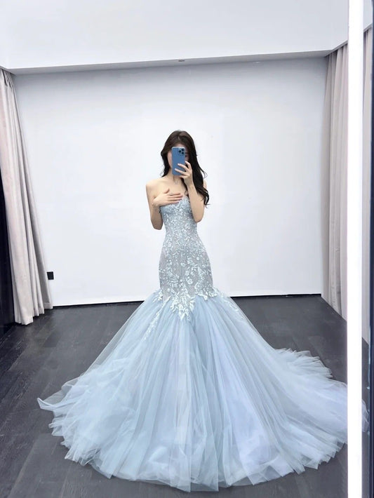 New Arrival Mermaid Sweetheart Blue Tulle Long Prom Dresses Inspo Formal Night Party Dress With Lace AB1654