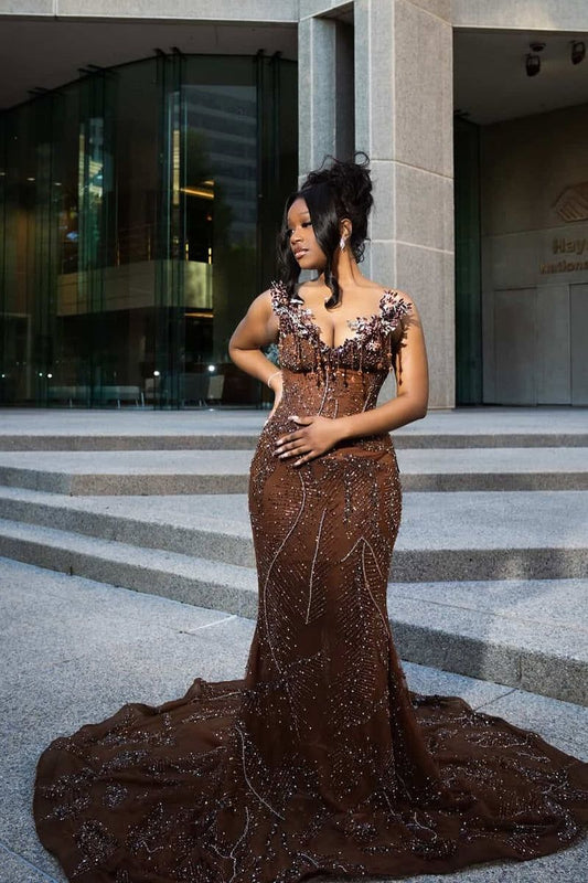 Elegant Sparkle Brown Mermaid Court Train V-neck Sleeveless Prom Dresses For Women AB1536