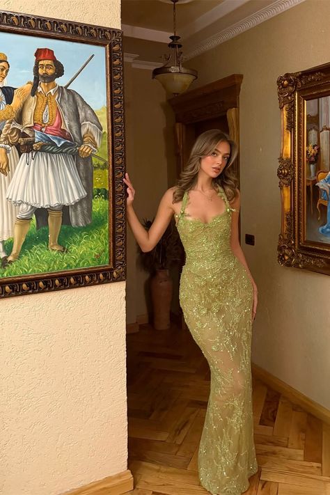 Romantic Green Sweetheart Halter Sleeveless Prom Dresses Mermaid Column With Appliques Beads AB1537