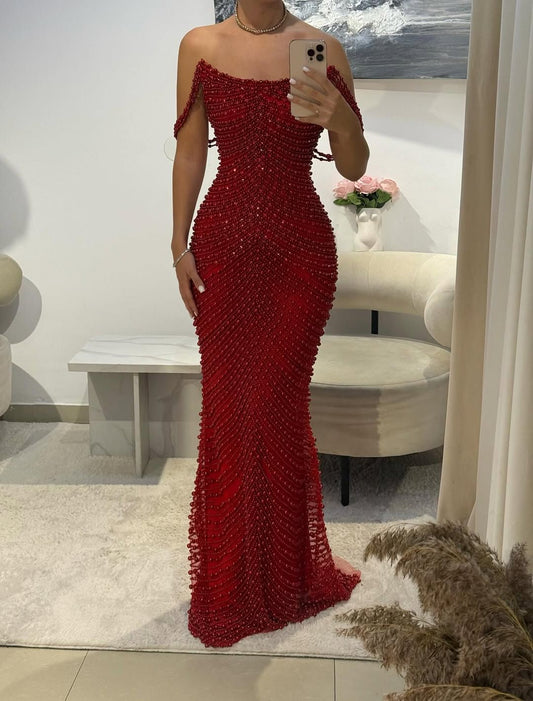 Hot Sale Red Beading Prom Dresses Sparkly Crystal Beads Off-the Shoulder Mermaid Party Dress AB1543