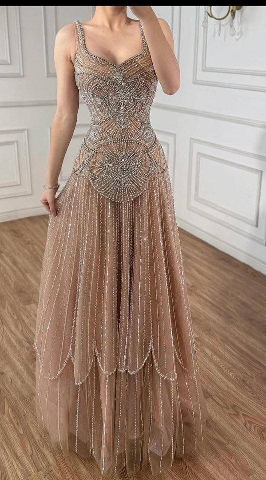 Sexy Mermaid Champagne With Gem Crystals Sequin Long Evening Dresses Night Date Prom Dress For Women AB2556
