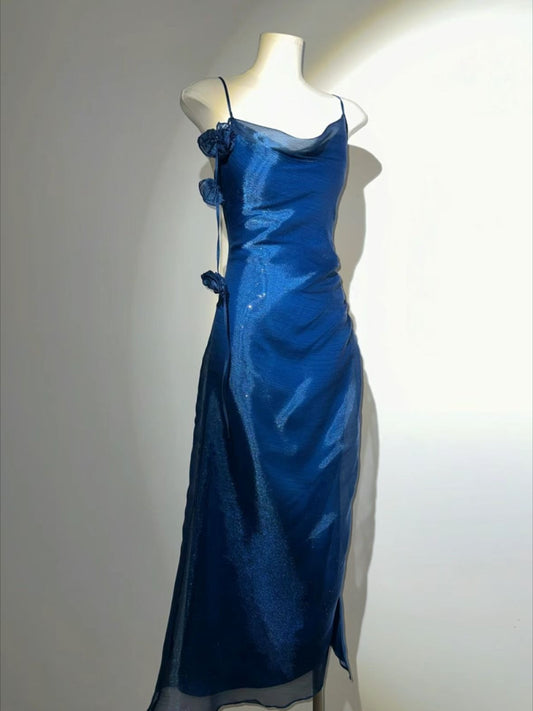 Robe longue d'hiver élégante, coupe trapèze, bretelles spaghetti, bleu roi, idées de tenues de soirée et de bal pour femme AB2041