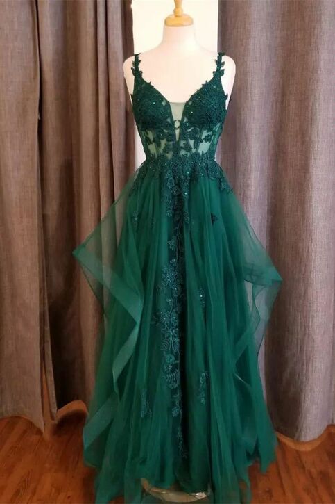 Robe de bal élégante en tulle vert émeraude, coupe trapèze, bretelles spaghetti, style A, idéale pour les adolescentes. Robe de soirée formelle, tenue de bal, AB1078