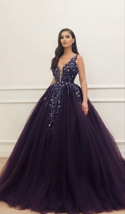 Robe de bal violette en tulle à col en V, tenue de soirée pour la remise des diplômes N044