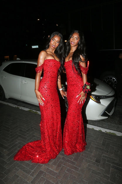 Gorgeous Mermaid Off The Shoulder Red Sequins Beaded Bodice Prom Dresses Long Formal Party Gown AB371