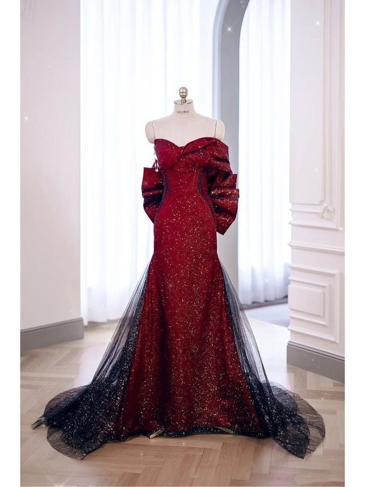 Robe de soirée sirène sexy à décolleté cœur, rouge et noire, en tulle plissé, AB2105